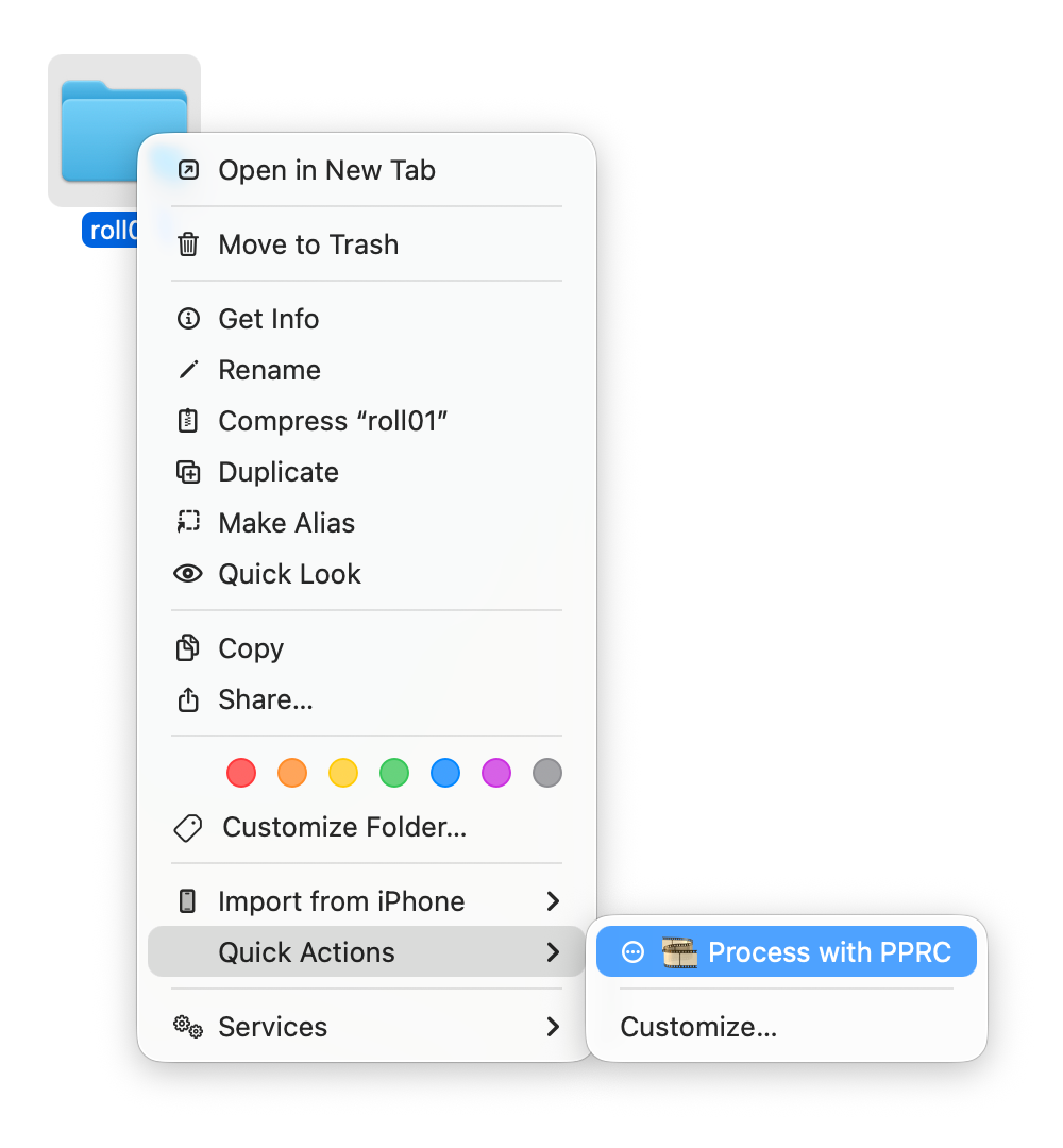 Finder Quick Actions menu showing Process with PPRC
